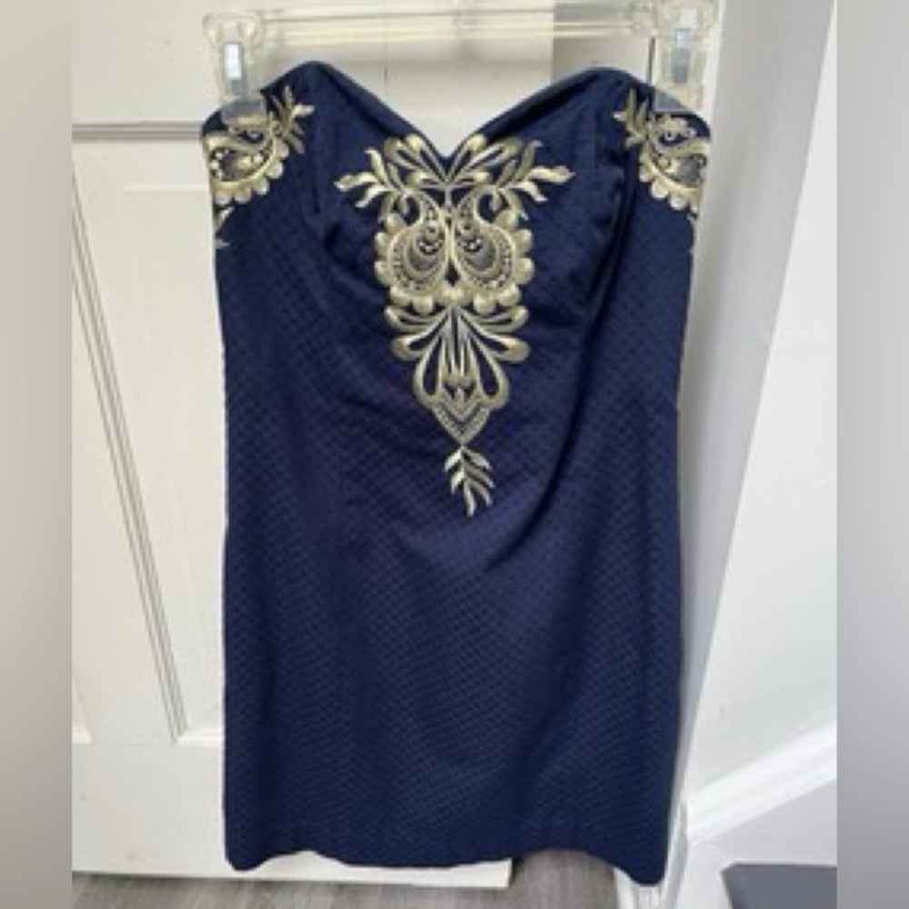 Lily Pulitzer Demi strapless navy dress with gold detail, size 4